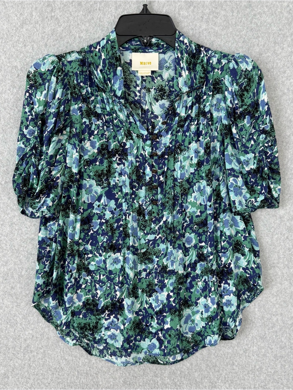 Maeve Anthropologie Floral Blouse Maka Blue Green Puff Sleeve Top 0 Petite 0P